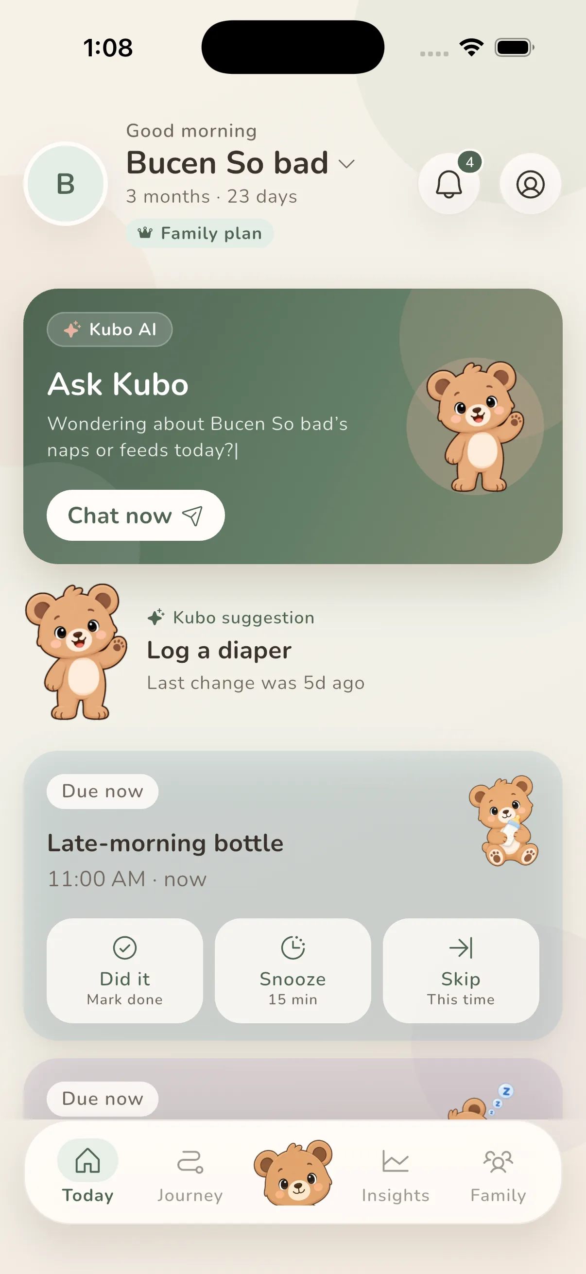 Kubo Today screen with Ask Kubo, suggestions, and last activity